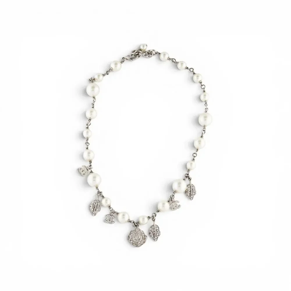 Chanel Faux Pearl Strass Interlocking CC Silver-tone Charm Necklace